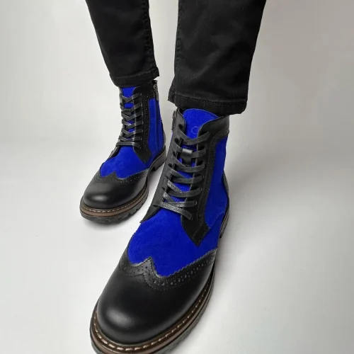Black Leather & Cobalt Suede Brogue Boots